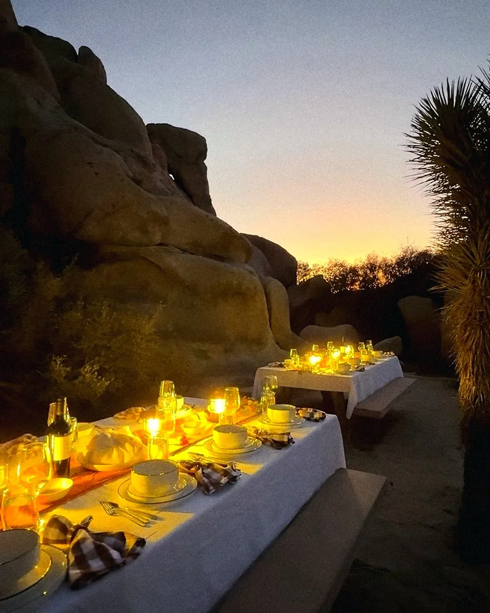 Two candlelit tables set for dinner among the boulders at dusk, a Joshua tree beside them
