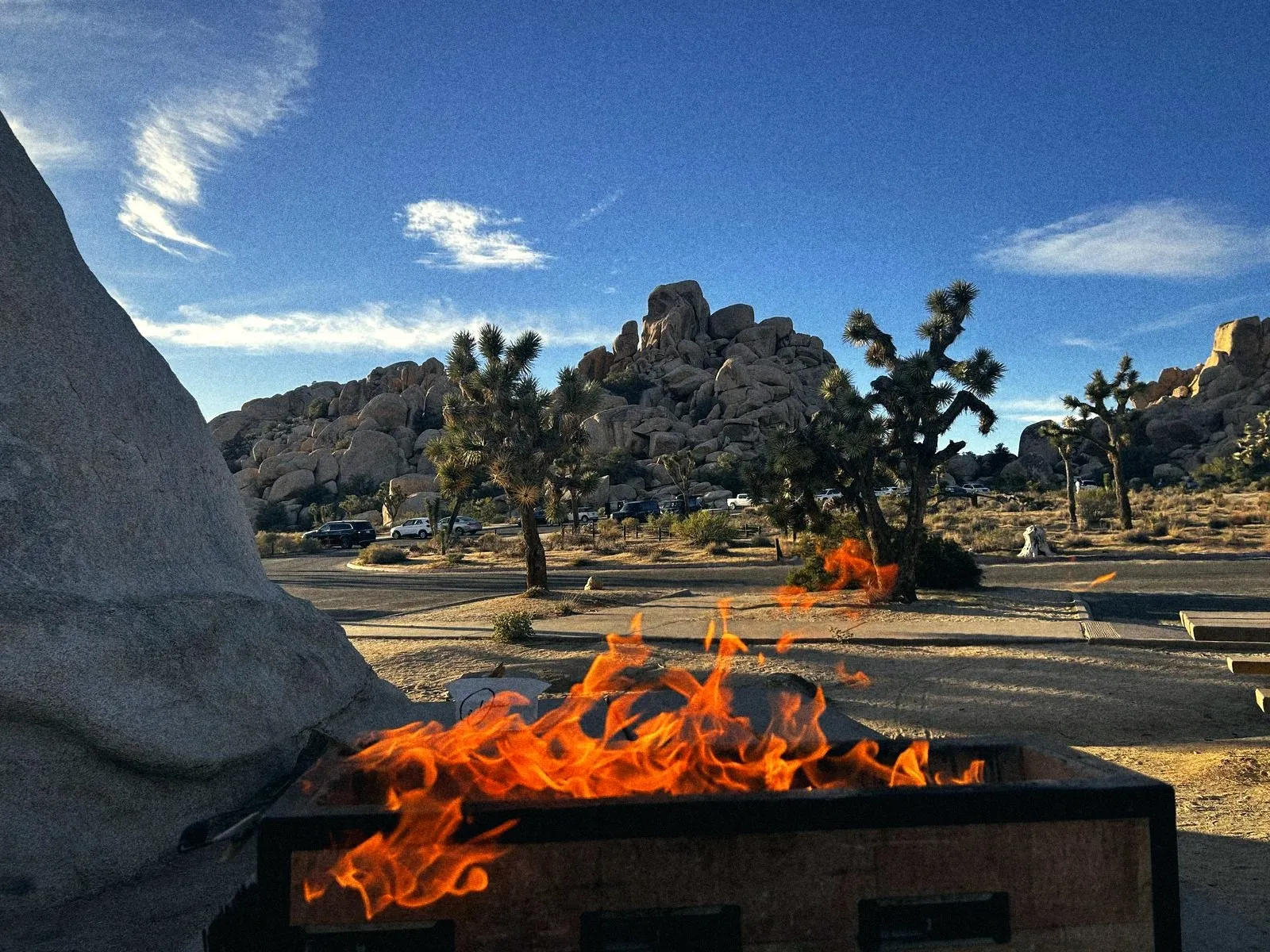 Campfire flames with boulders and Joshua trees behind